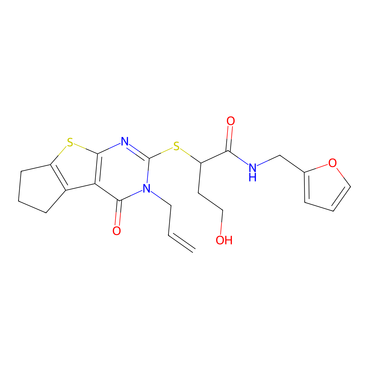 N-[(furan-2-yl)methyl]-4-hydroxy-2-{[12-oxo-11-(prop-2-en-1-yl)-7-thia-9,11-diazatricyclo[6.4.0.0^{2,6}]dodeca-1(8),2(6),9-trien-10-yl]sulfanyl}butanamide molecular structure, CAS 446278-62-2