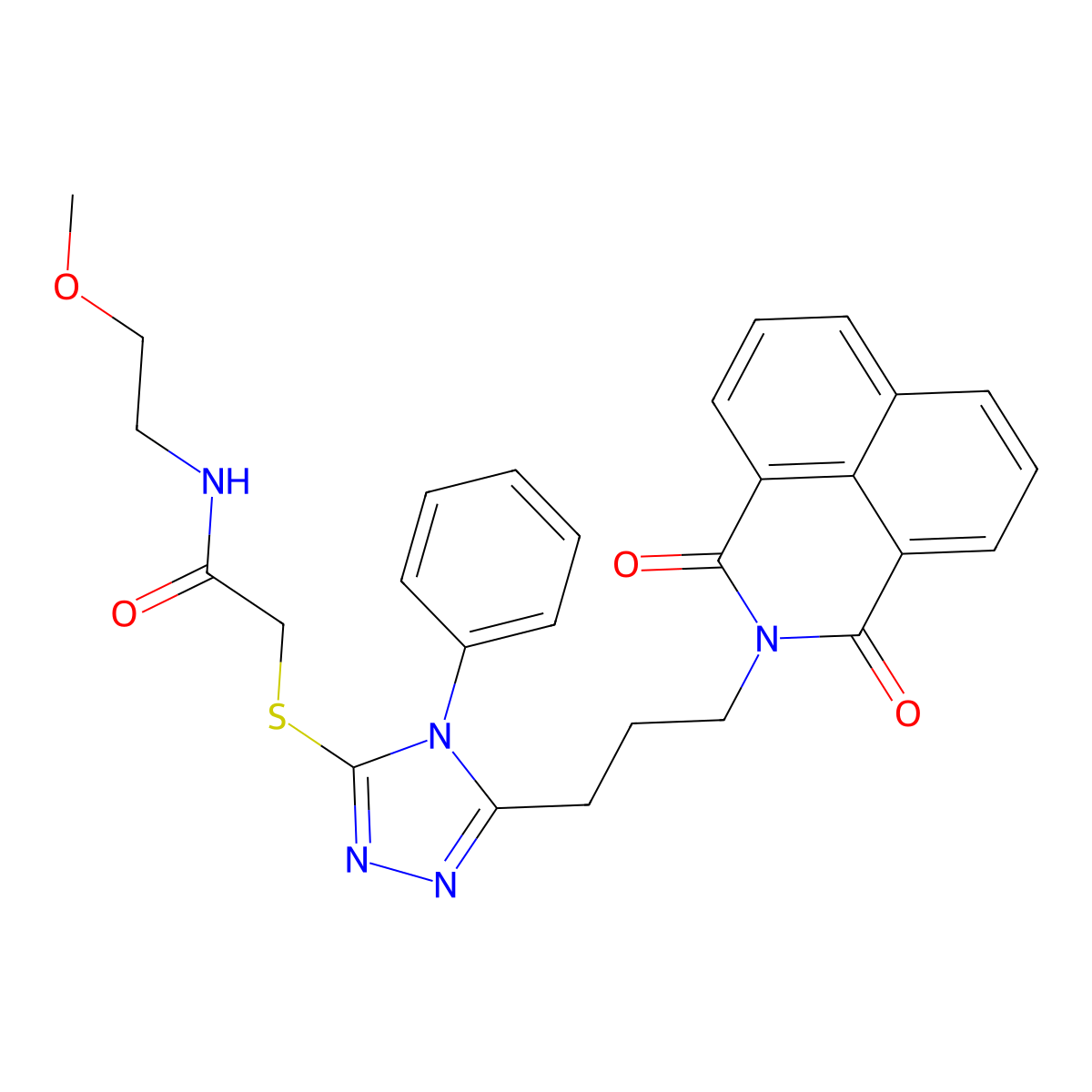 2-({5-[3-(1,3-dioxo-1H-benzo[de]isoquinolin-2(3H)-yl)propyl]-4-phenyl-4H-1,2,4-triazol-3-yl}sulfanyl)-N-(2-methoxyethyl)acetamide molecular structure, CAS 446278-68-8