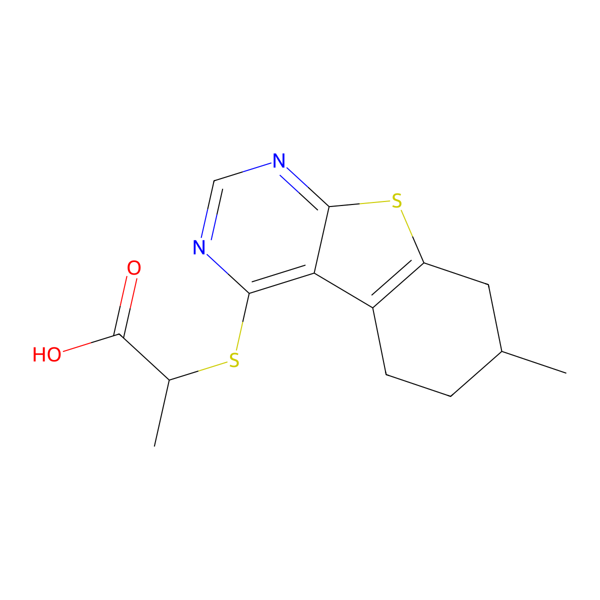 2-[(7-Methyl-5,6,7,8-tetrahydro-[1]benzothiolo[2,3-d]pyrimidin-4-yl)sulfanyl]propanoic acid molecular structure, CAS 446280-78-0