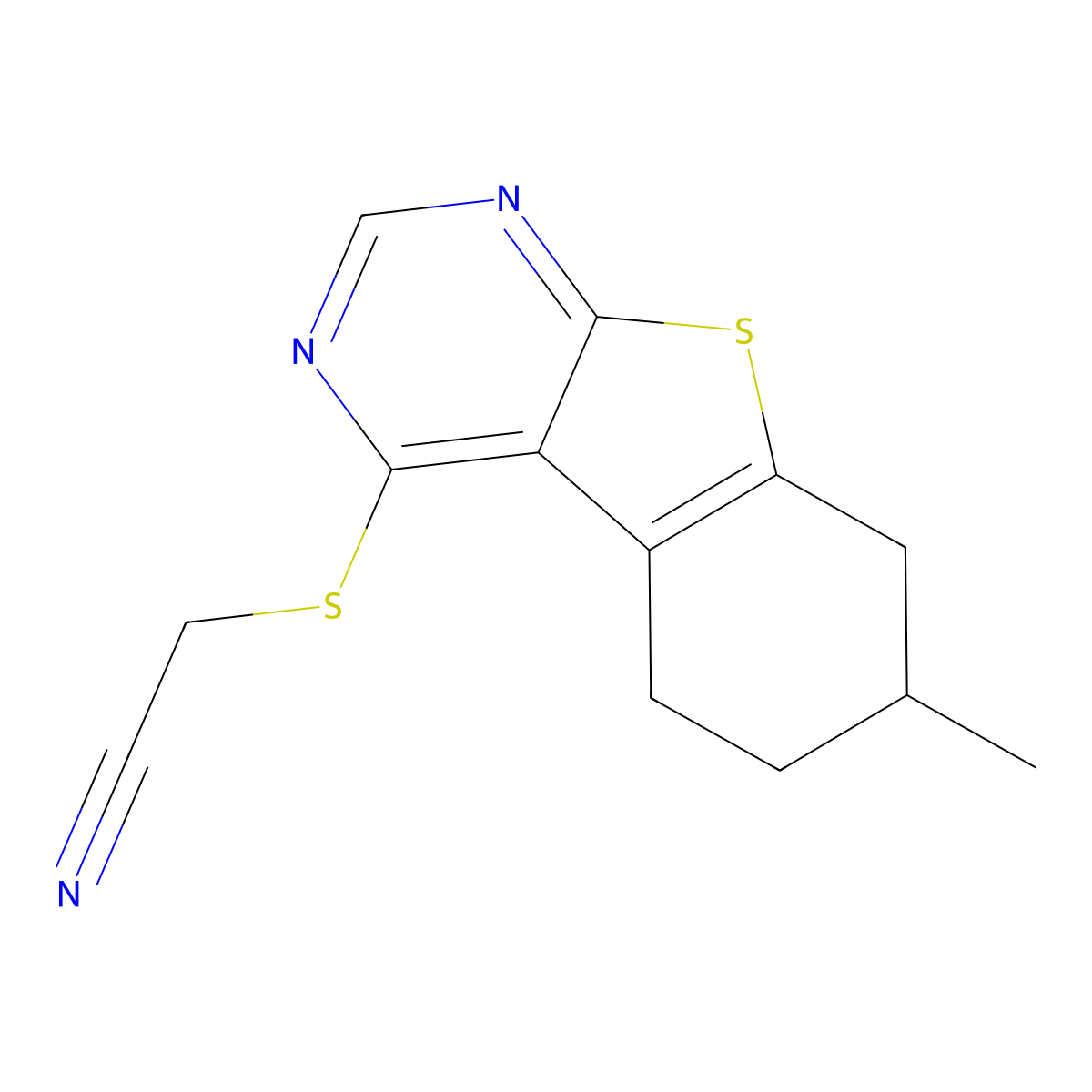 2-[(7-Methyl-5,6,7,8-tetrahydro-[1]benzothiolo[2,3-d]pyrimidin-4-yl)sulfanyl]acetonitrile molecular structure, CAS 446280-83-7