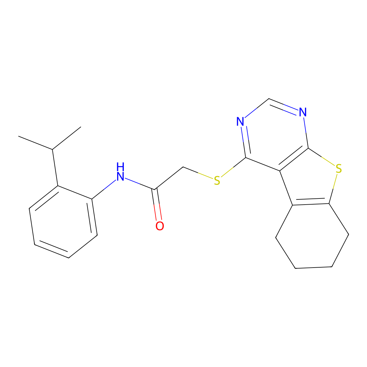 N-[2-(propan-2-yl)phenyl]-2-(5,6,7,8-tetrahydro[1]benzothieno[2,3-d]pyrimidin-4-ylsulfanyl)acetamide molecular structure, CAS 446307-58-0
