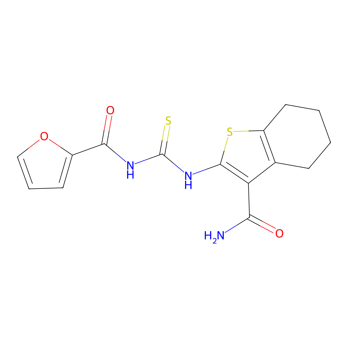N-[(3-carbamoyl-4,5,6,7-tetrahydro-1-benzothiophen-2-yl)carbamothioyl]furan-2-carboxamide molecular structure, CAS 446310-79-8