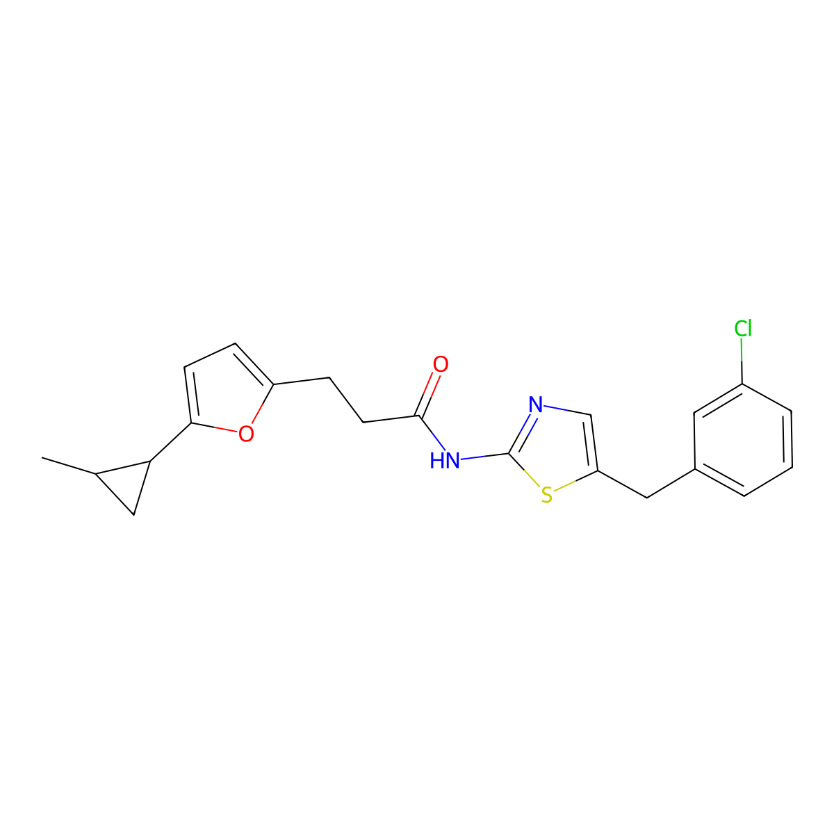 N-(5-(3-chlorobenzyl)thiazol-2-yl)-3-(5-(2-methylcyclopropyl)furan-2-yl)propanamide molecular structure, CAS 446826-74-0