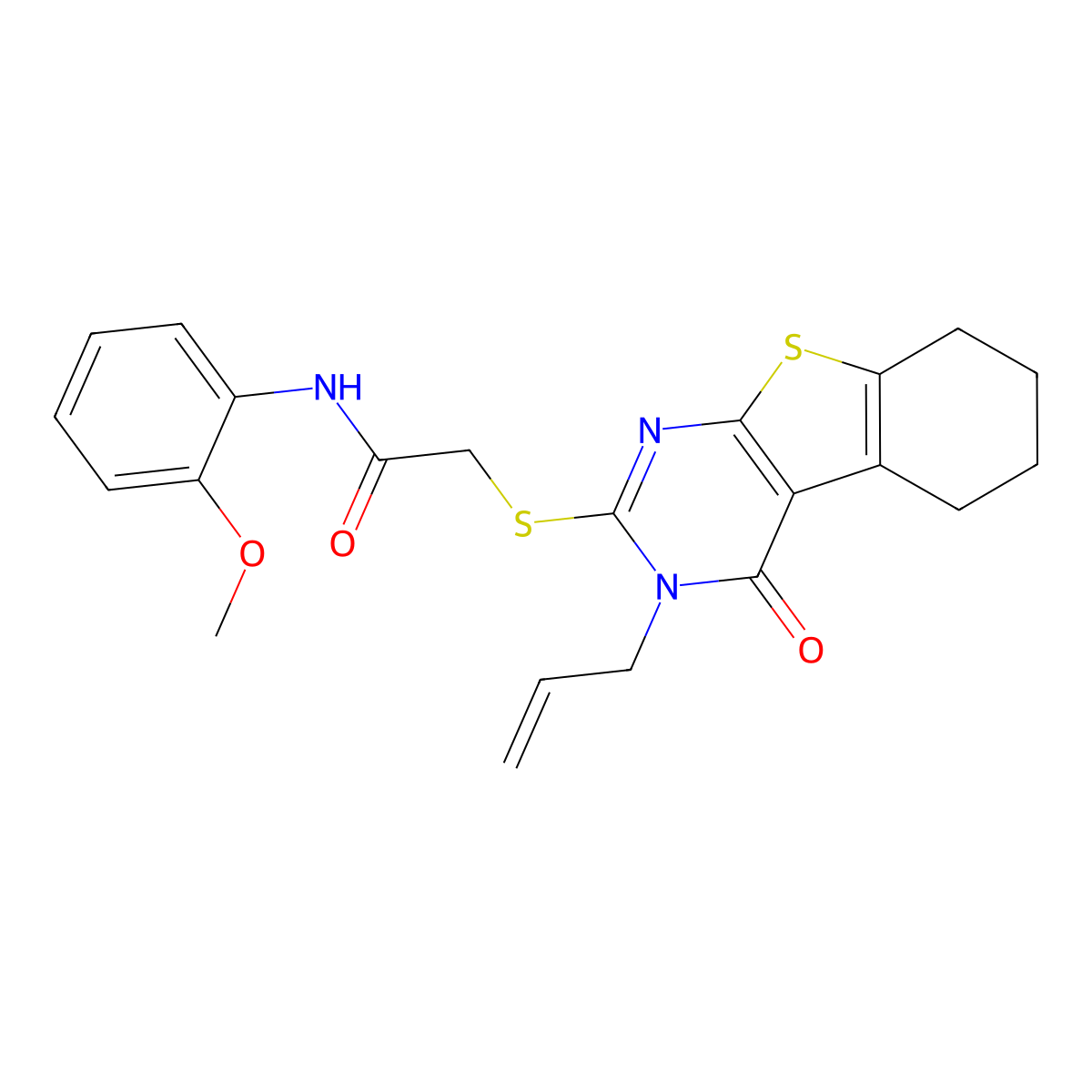 N-(2-methoxyphenyl)-2-(4-oxo-3-prop-2-enyl(3,5,6,7,8-pentahydrobenzo[b]thiophe no[2,3-d]pyrimidin-2-ylthio))acetamide molecular structure, CAS 446851-53-2
