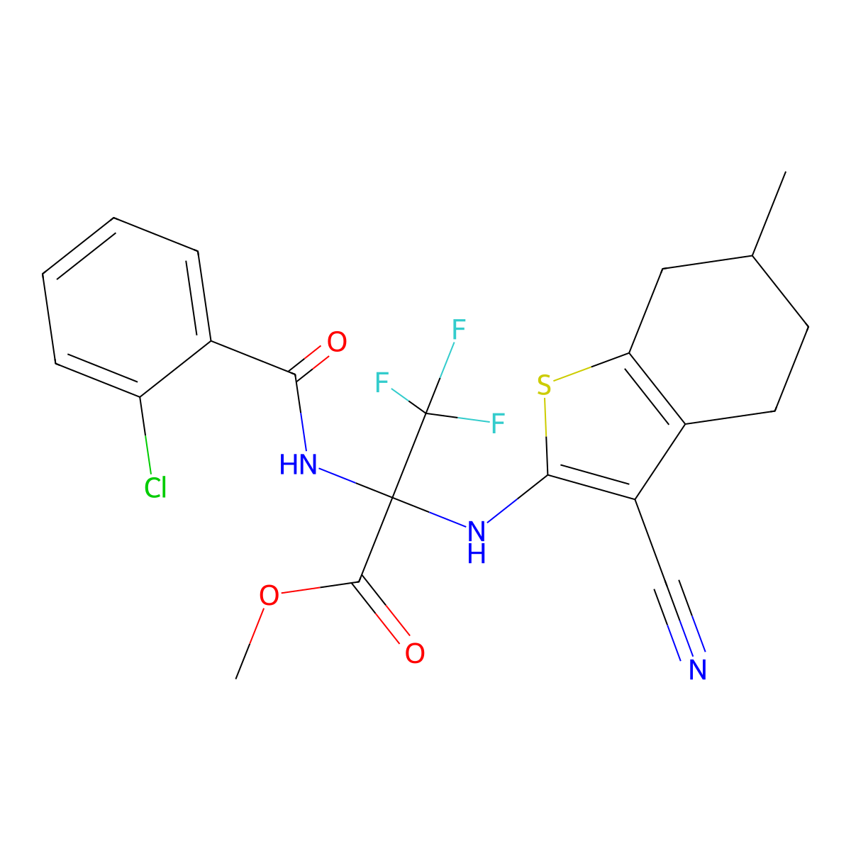 Methyl 2-(2-chlorobenzamido)-2-((3-cyano-6-methyl-4,5,6,7-tetrahydrobenzo[b]thiophen-2-yl)amino)-3,3,3-trifluoropropanoate molecular structure, CAS 447409-84-9