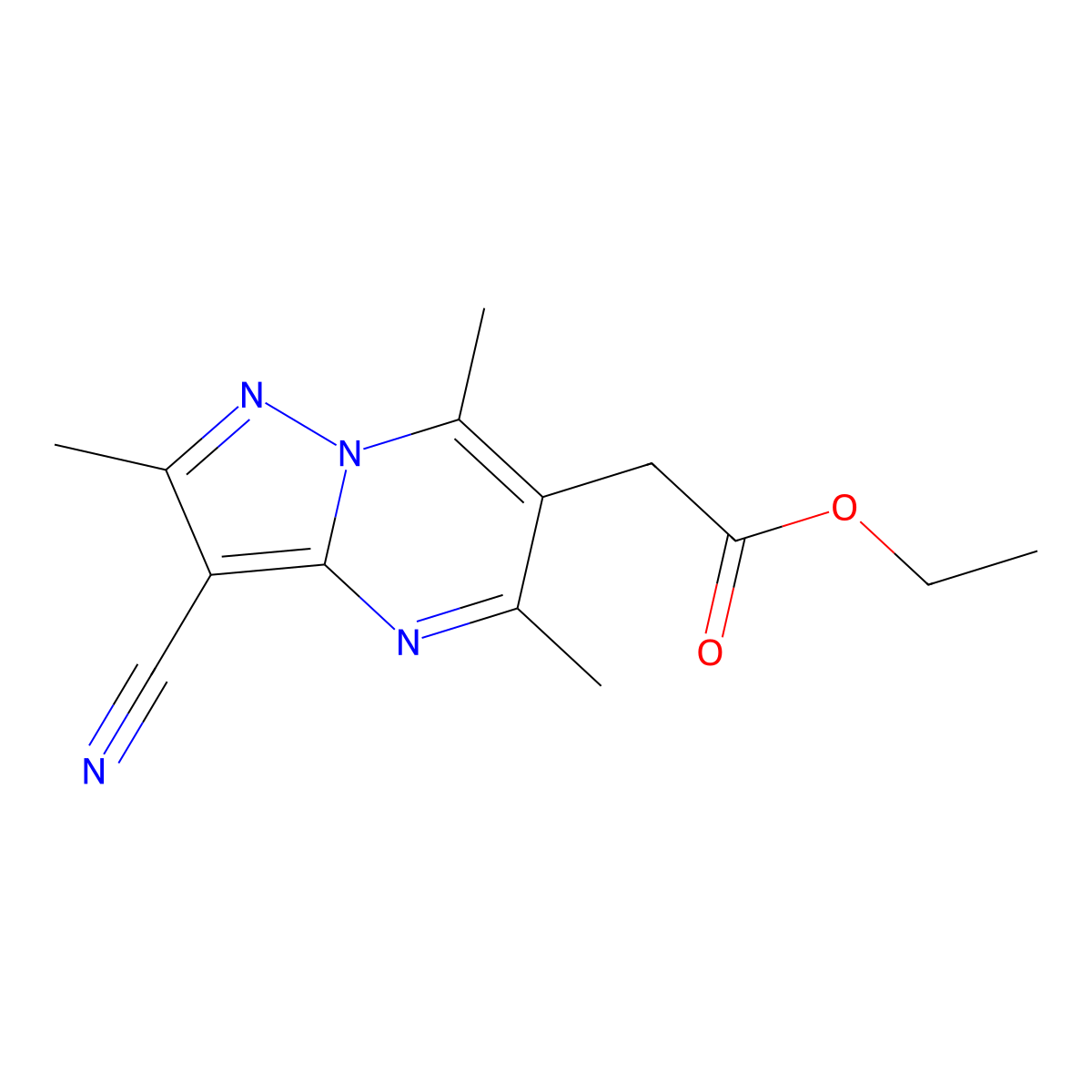 Ethyl (3-cyano-2,5,7-trimethylpyrazolo[1,5-a]pyrimidin-6-yl)acetate molecular structure, CAS 447410-30-2