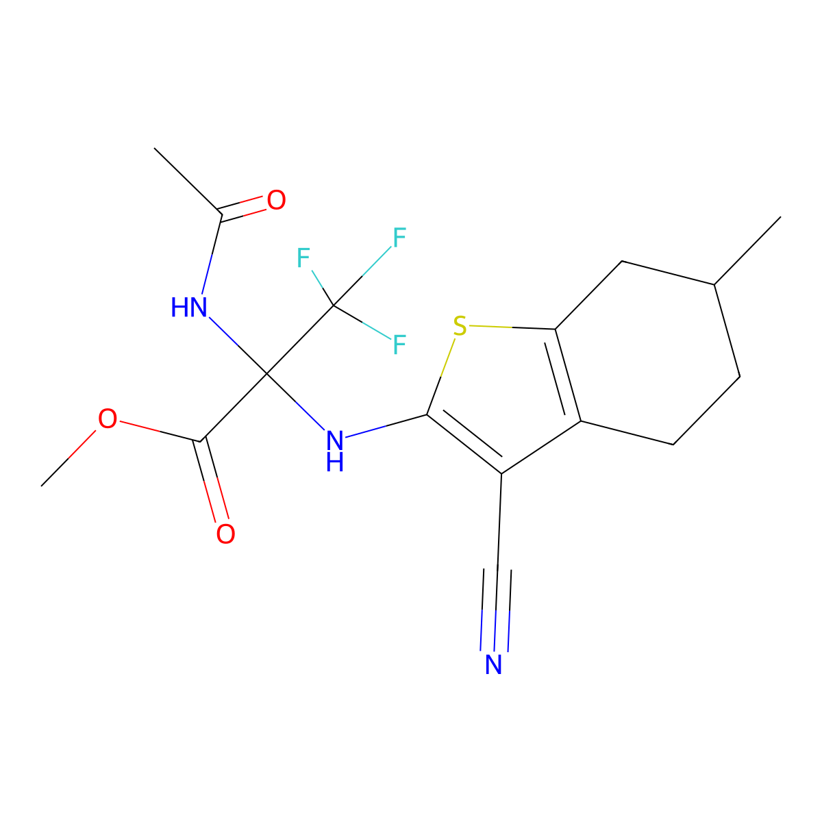 Methyl 2-acetamido-2-[(3-cyano-6-methyl-4,5,6,7-tetrahydro-1-benzothiophen-2-yl)amino]-3,3,3-trifluoropropanoate molecular structure, CAS 447430-08-2