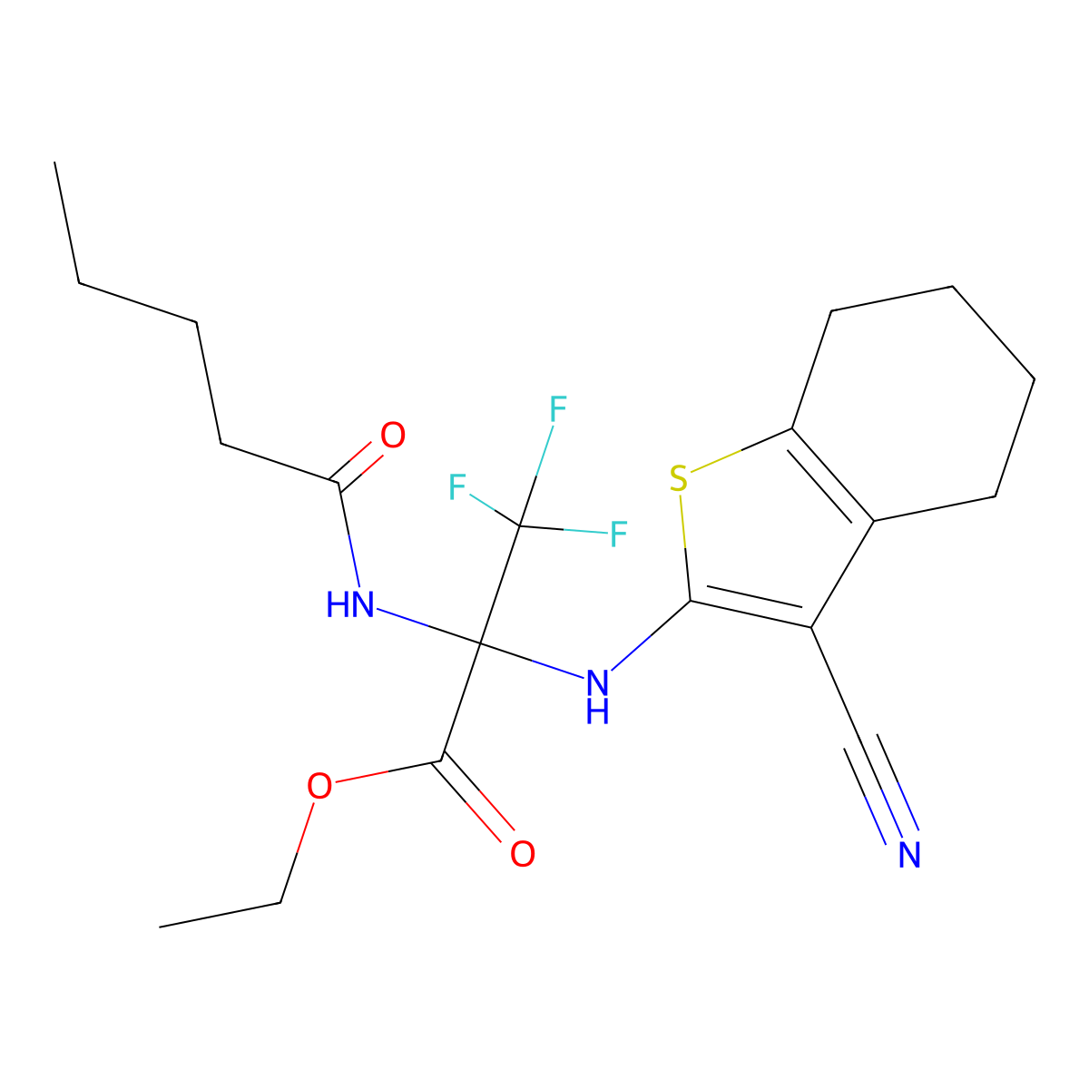 Ethyl 2-[(3-cyano-4,5,6,7-tetrahydro-1-benzothiophen-2-yl)amino]-3,3,3-trifluoro-2-(pentanoylamino)propanoate molecular structure, CAS 447430-41-3