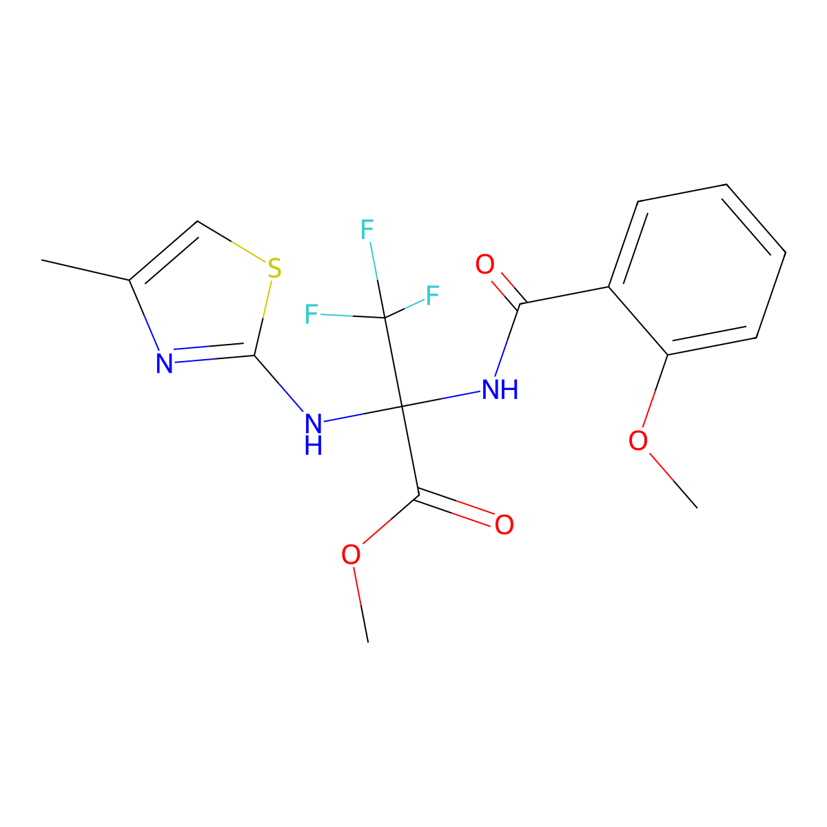 Methyl 3,3,3-trifluoro-2-[(2-methoxybenzoyl)amino]-2-[(4-methyl-1,3-thiazol-2-yl)amino]propanoate molecular structure, CAS 448188-68-9
