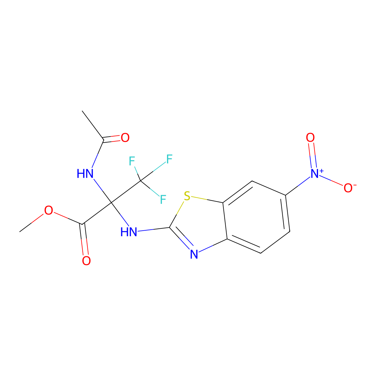 2-Acetylamino-3,3,3-trifluoro-2-(6-nitro-benzothiazol-2-ylamino)-propionic acid methyl ester molecular structure, CAS 448188-70-3