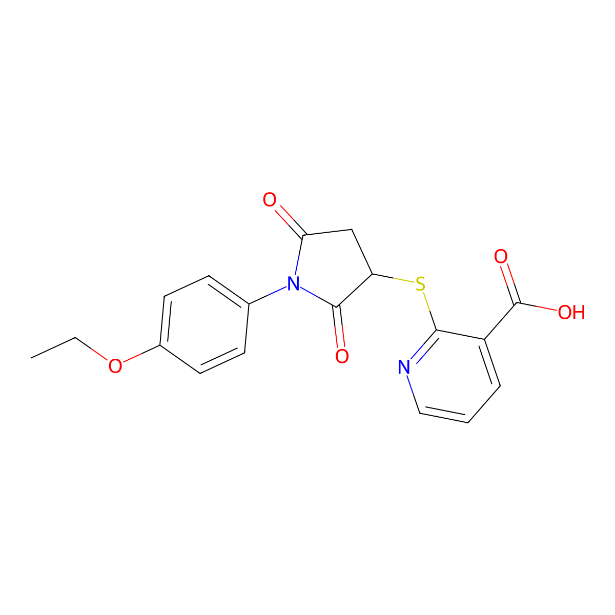 2-((1-(4-Ethoxyphenyl)-2,5-dioxopyrrolidin-3-yl)thio)nicotinic acid molecular structure, CAS 448198-55-8