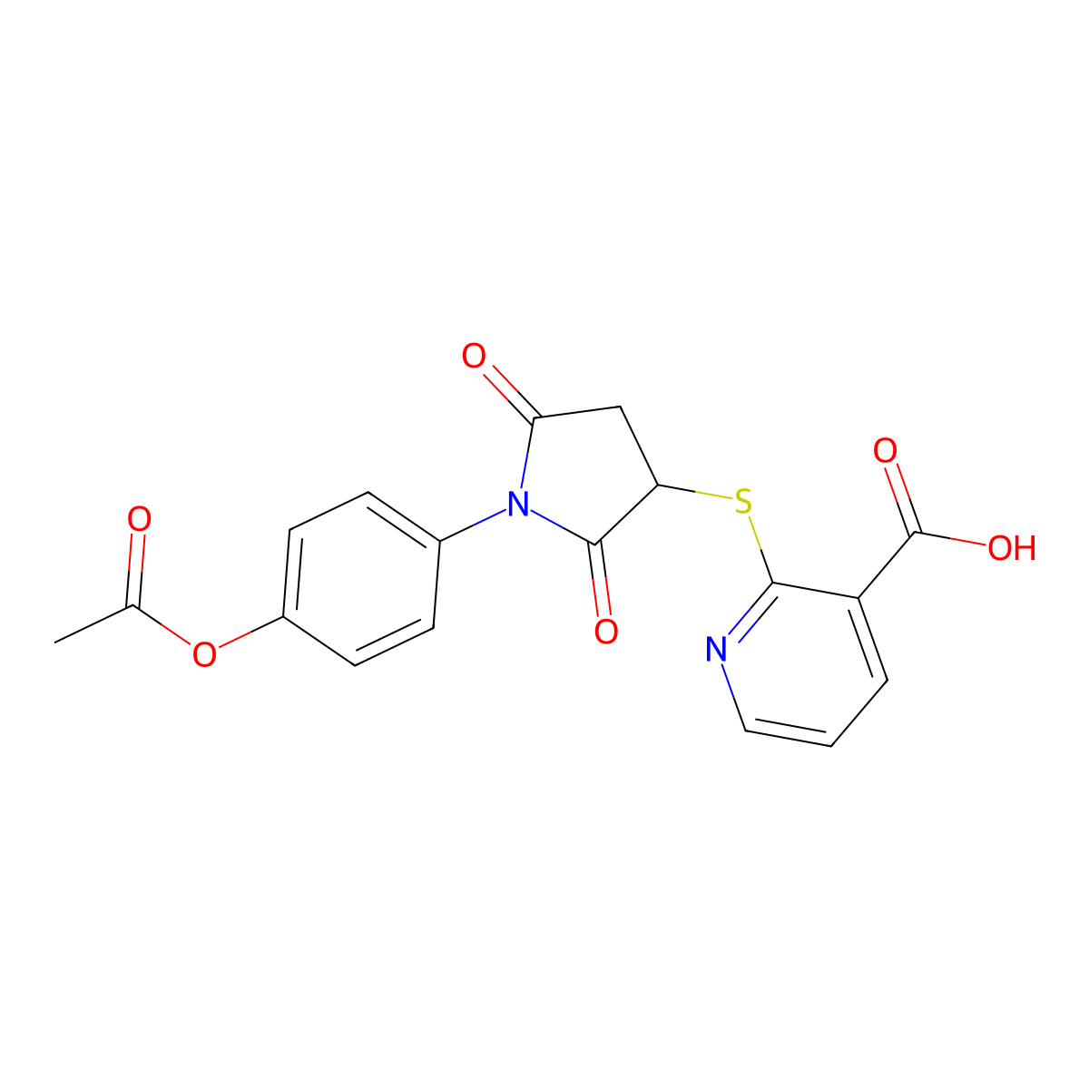 2-((1-(4-Acetoxyphenyl)-2,5-dioxopyrrolidin-3-yl)thio)nicotinic acid molecular structure, CAS 448198-57-0
