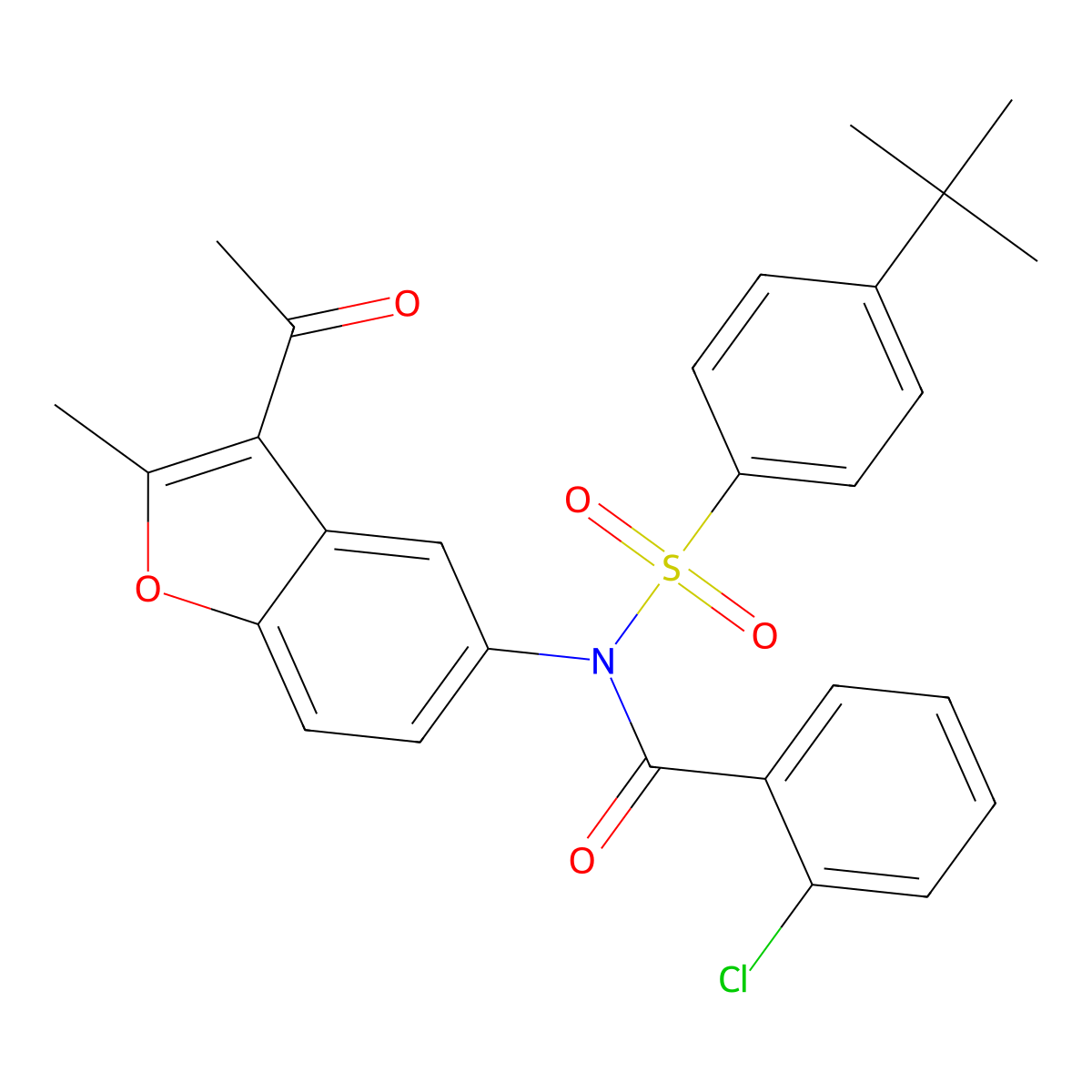 N-(3-acetyl-2-methylbenzofuran-5-yl)-N-((4-(tert-butyl)phenyl)sulfonyl)-2-chlorobenzamide molecular structure, CAS 448209-37-8