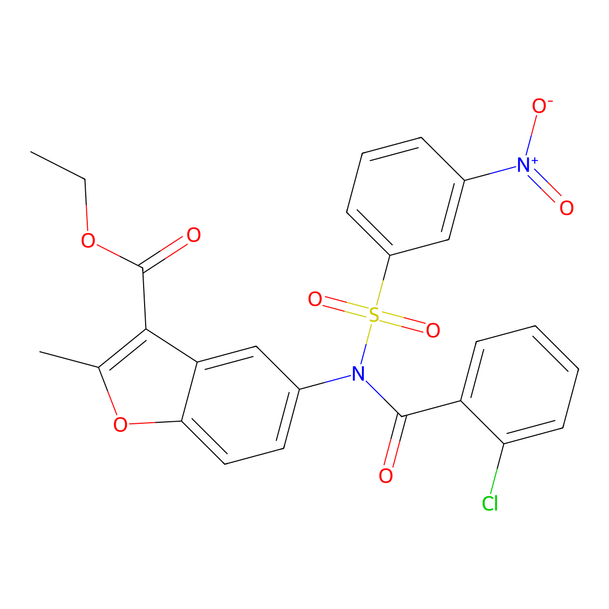 ethyl 5-(2-chloro-N-((3-nitrophenyl)sulfonyl)benzamido)-2-methylbenzofuran-3-carboxylate molecular structure, CAS 448209-97-0