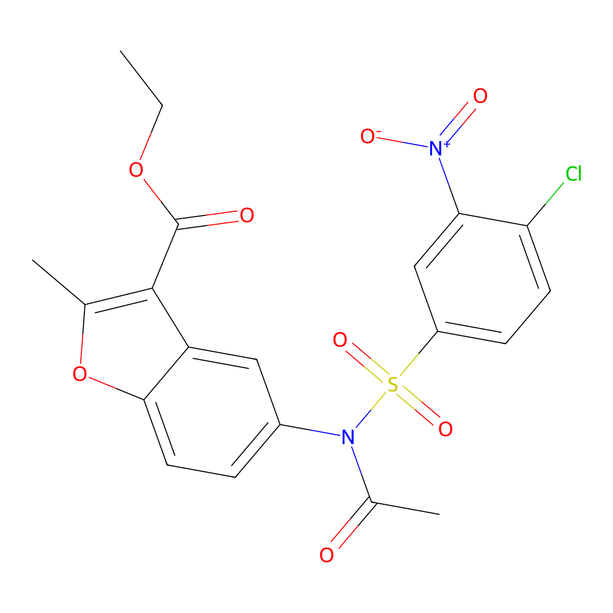 ethyl 5-(N-((4-chloro-3-nitrophenyl)sulfonyl)acetamido)-2-methylbenzofuran-3-carboxylate molecular structure, CAS 448212-54-2