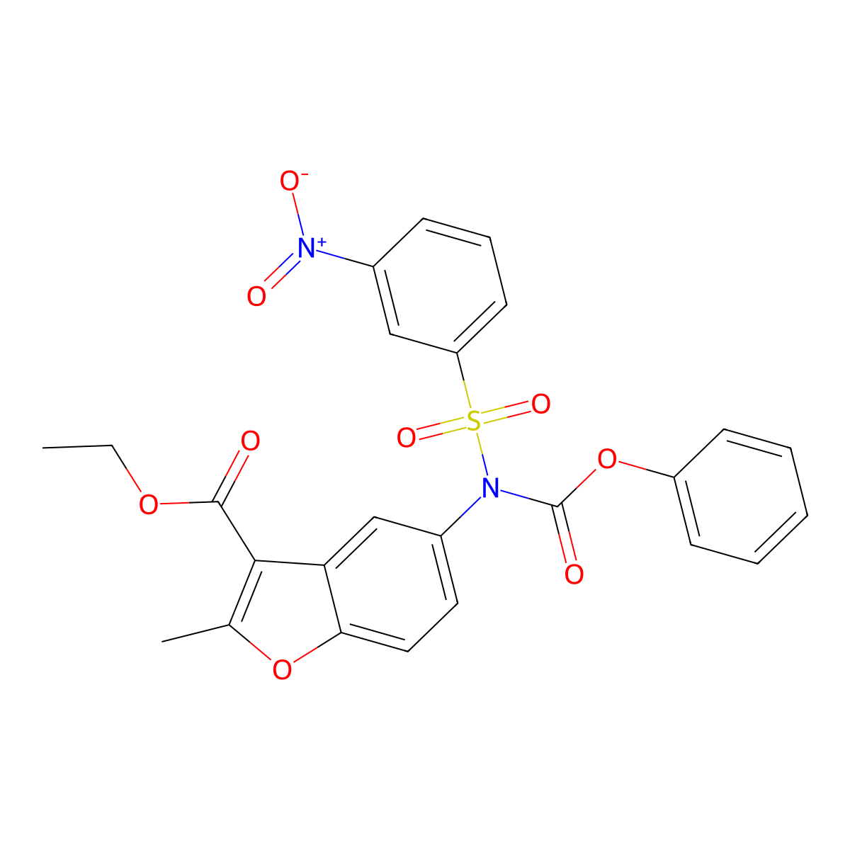 Ethyl 2-methyl-5-[(3-nitrophenyl)sulfonyl-phenoxycarbonylamino]-1-benzofuran-3-carboxylate molecular structure, CAS 448212-78-0