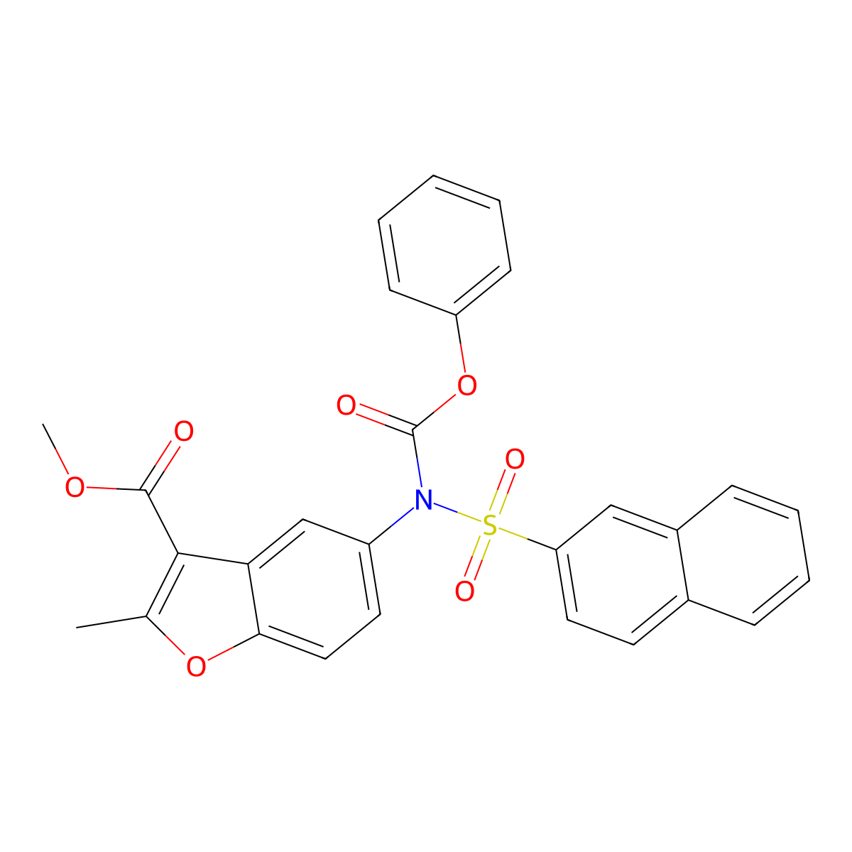 methyl 2-methyl-5-(N-(phenoxycarbonyl)naphthalene-2-sulfonamido)benzofuran-3-carboxylate molecular structure, CAS 448213-05-6