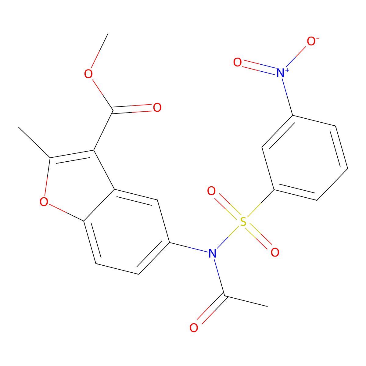 methyl 2-methyl-5-(N-((3-nitrophenyl)sulfonyl)acetamido)benzofuran-3-carboxylate molecular structure, CAS 448213-31-8