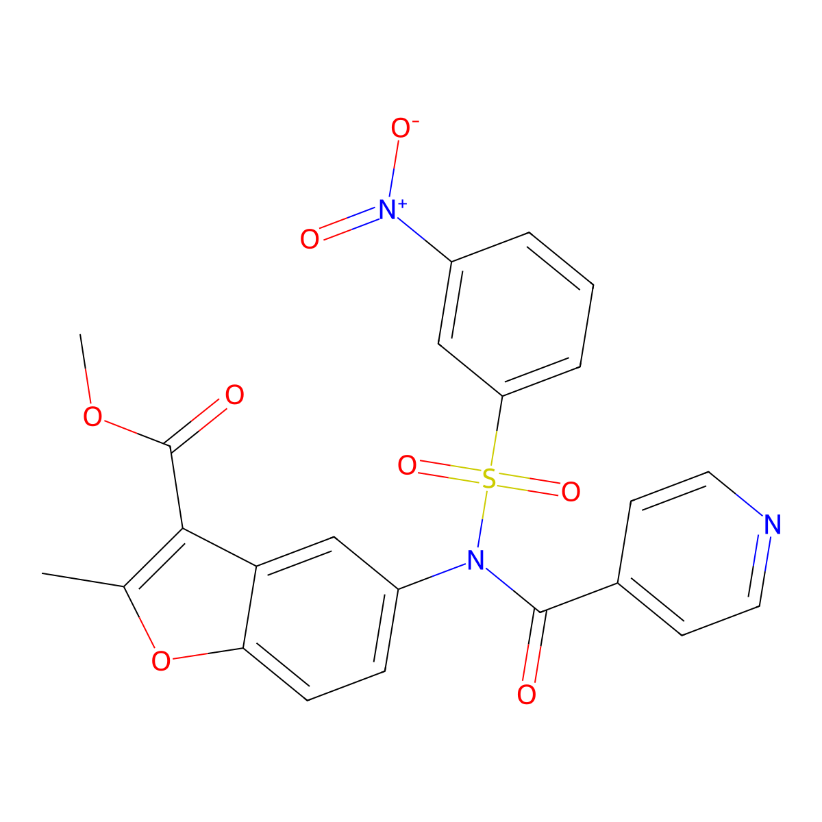 methyl 2-methyl-5-(N-((3-nitrophenyl)sulfonyl)isonicotinamido)benzofuran-3-carboxylate molecular structure, CAS 448213-33-0