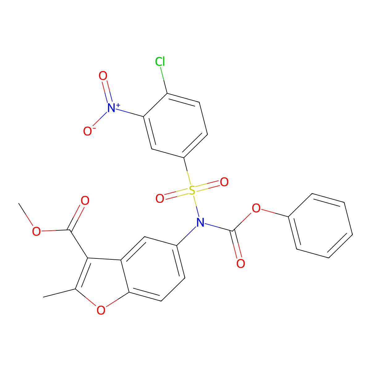 Methyl 5-[(4-chloro-3-nitrophenyl)sulfonyl-phenoxycarbonylamino]-2-methyl-1-benzofuran-3-carboxylate molecular structure, CAS 448213-81-8