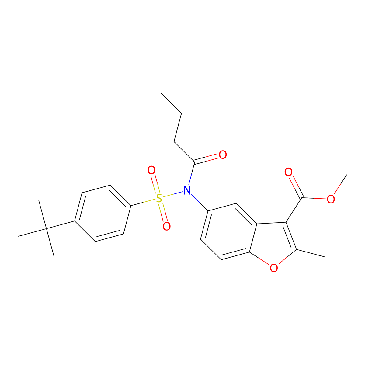 Methyl 5-[[(4-tert-butylphenyl)sulfonyl](butyryl)amino]-2-methyl-1-benzofuran-3-carboxylate molecular structure, CAS 448213-92-1