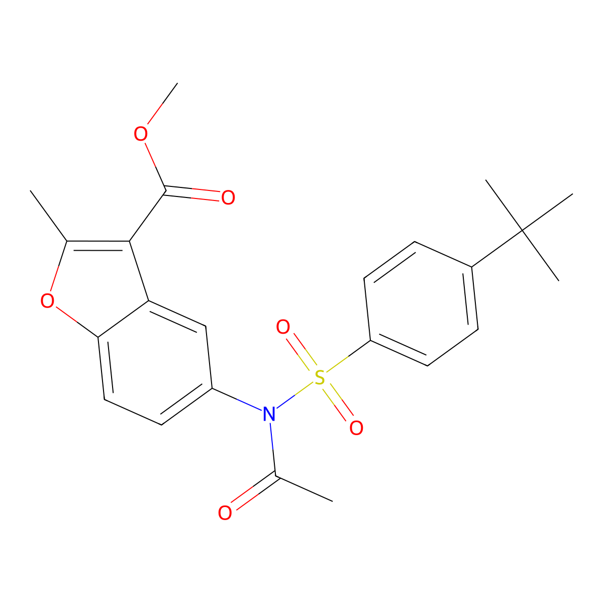 Methyl 5-{acetyl[(4-tert-butylphenyl)sulfonyl]amino}-2-methyl-1-benzofuran-3-carboxylate molecular structure, CAS 448213-93-2