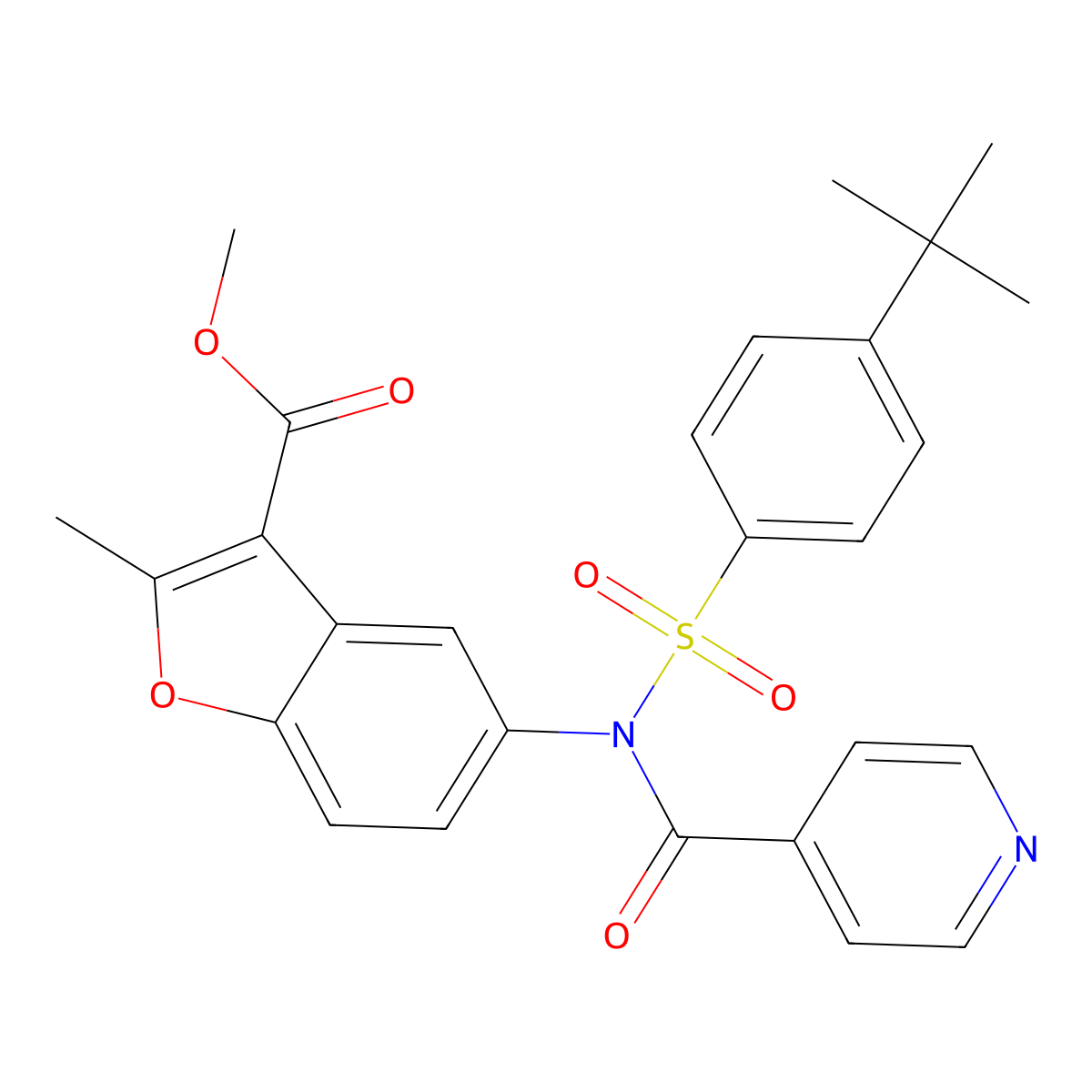 Methyl 5-[N-(4-tert-butylbenzenesulfonyl)pyridine-4-amido]-2-methyl-1-benzofuran-3-carboxylate molecular structure, CAS 448213-95-4