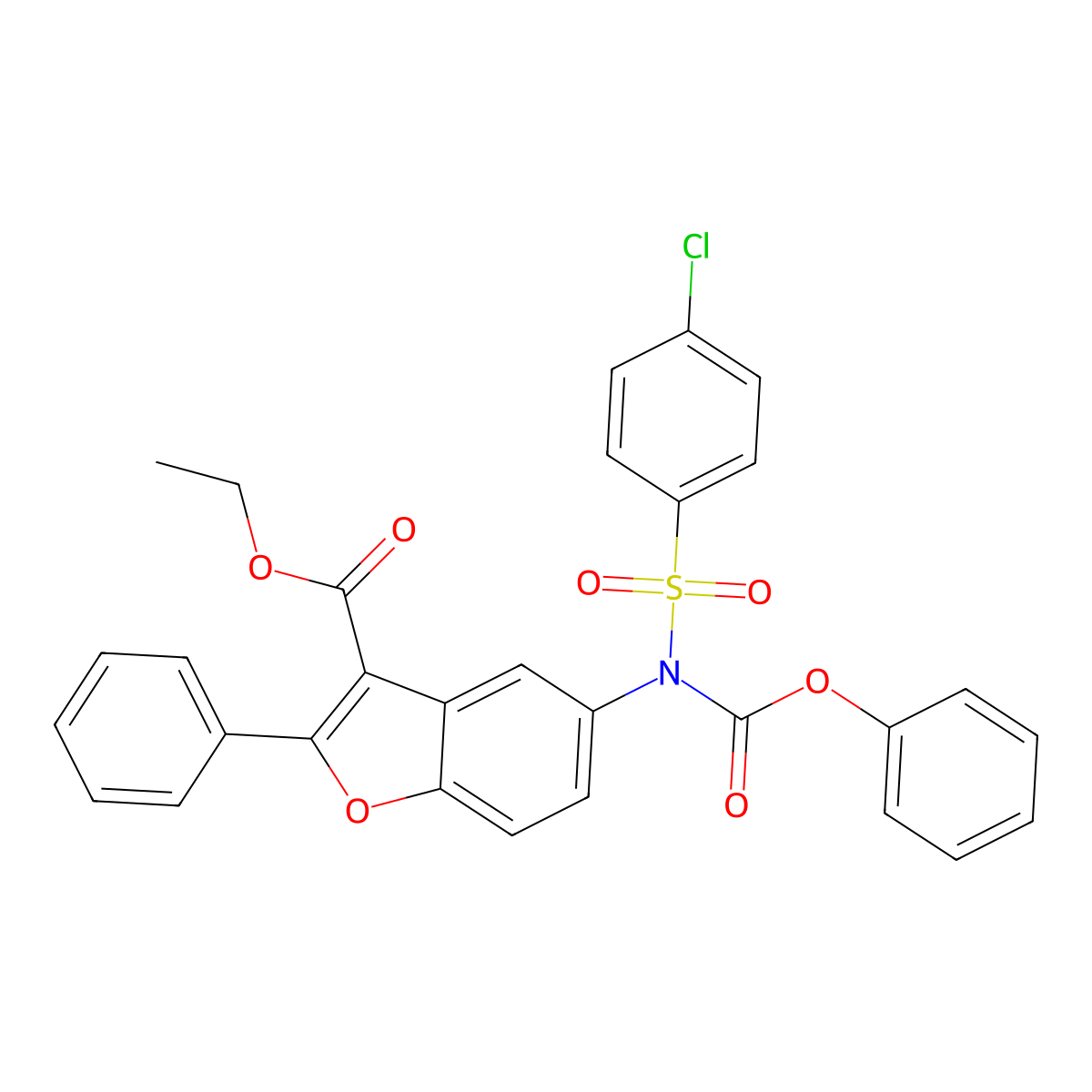 Ethyl 5-[(4-chlorophenyl)sulfonyl-phenoxycarbonylamino]-2-phenyl-1-benzofuran-3-carboxylate molecular structure, CAS 448214-56-0
