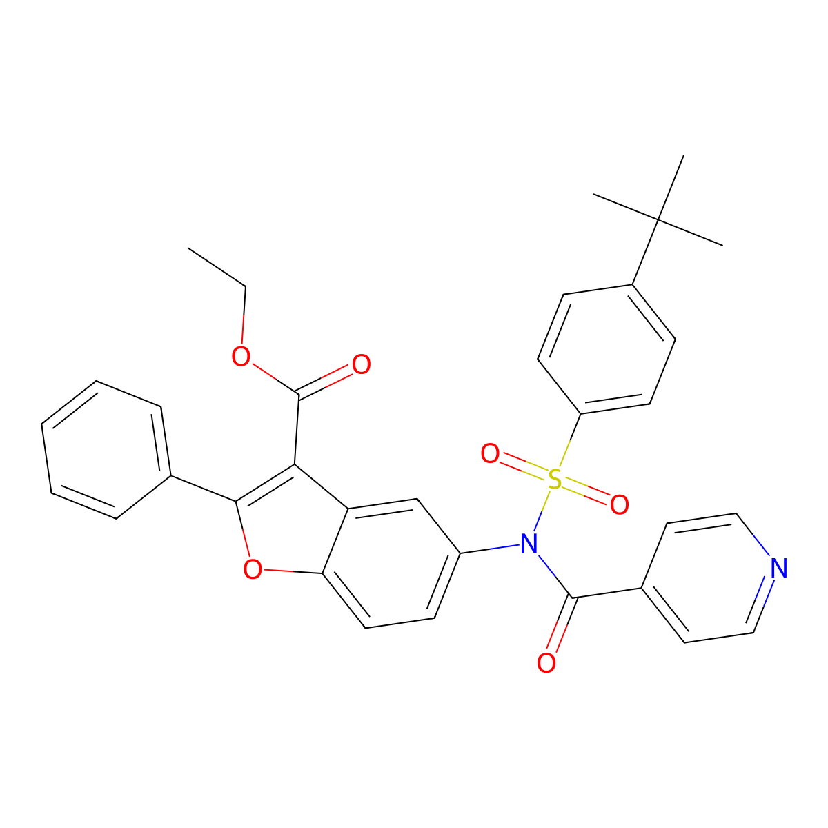 ethyl 5-(N-((4-(tert-butyl)phenyl)sulfonyl)isonicotinamido)-2-phenylbenzofuran-3-carboxylate molecular structure, CAS 448215-38-1