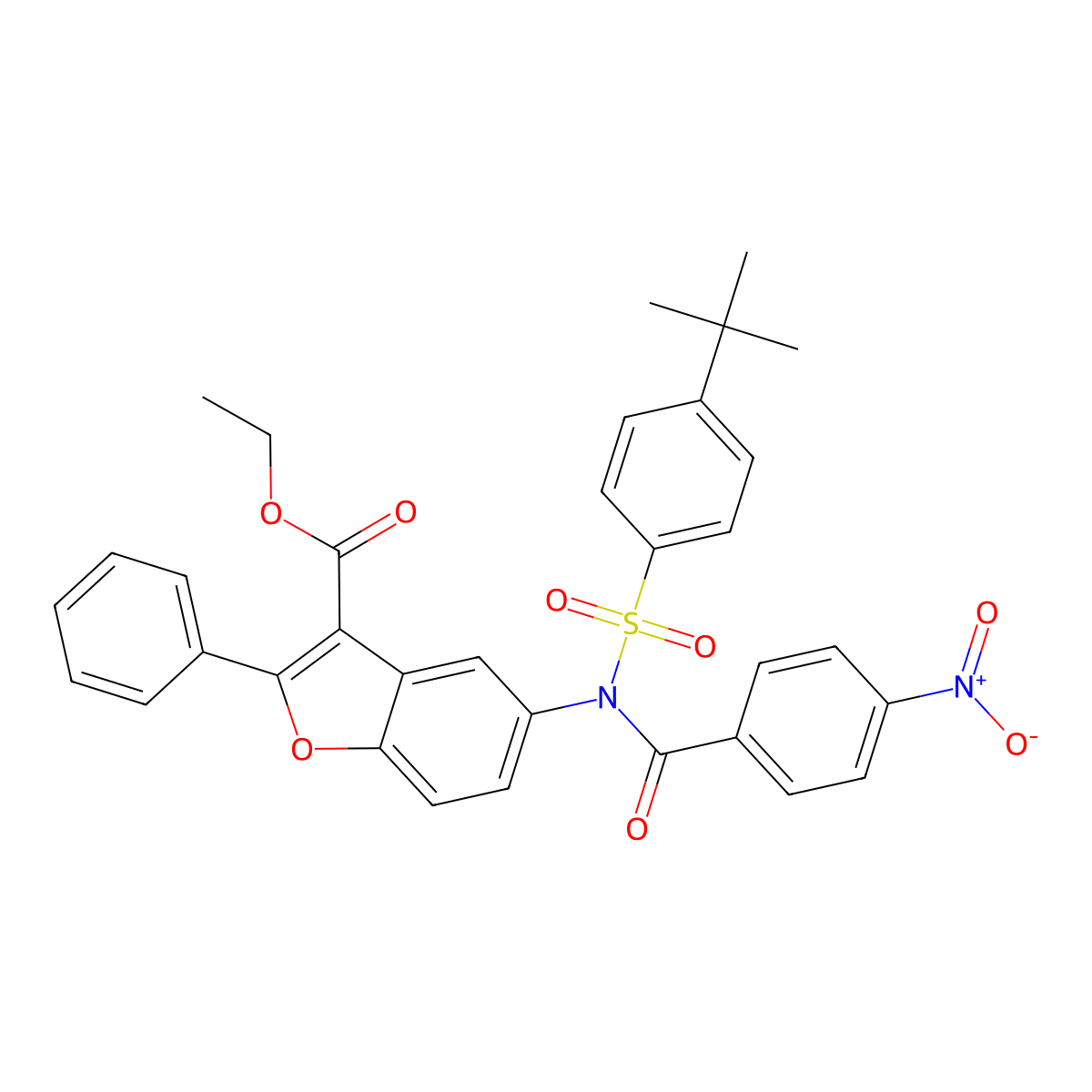 ethyl 5-(N-((4-(tert-butyl)phenyl)sulfonyl)-4-nitrobenzamido)-2-phenylbenzofuran-3-carboxylate molecular structure, CAS 448215-40-5