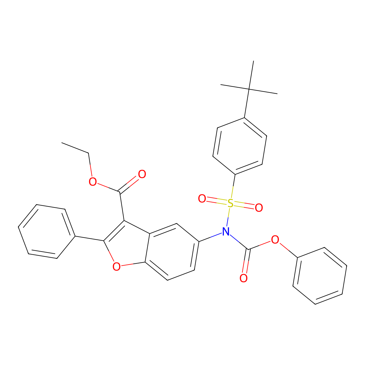 Ethyl 5-[(4-tert-butylphenyl)sulfonyl-phenoxycarbonylamino]-2-phenyl-1-benzofuran-3-carboxylate molecular structure, CAS 448215-48-3