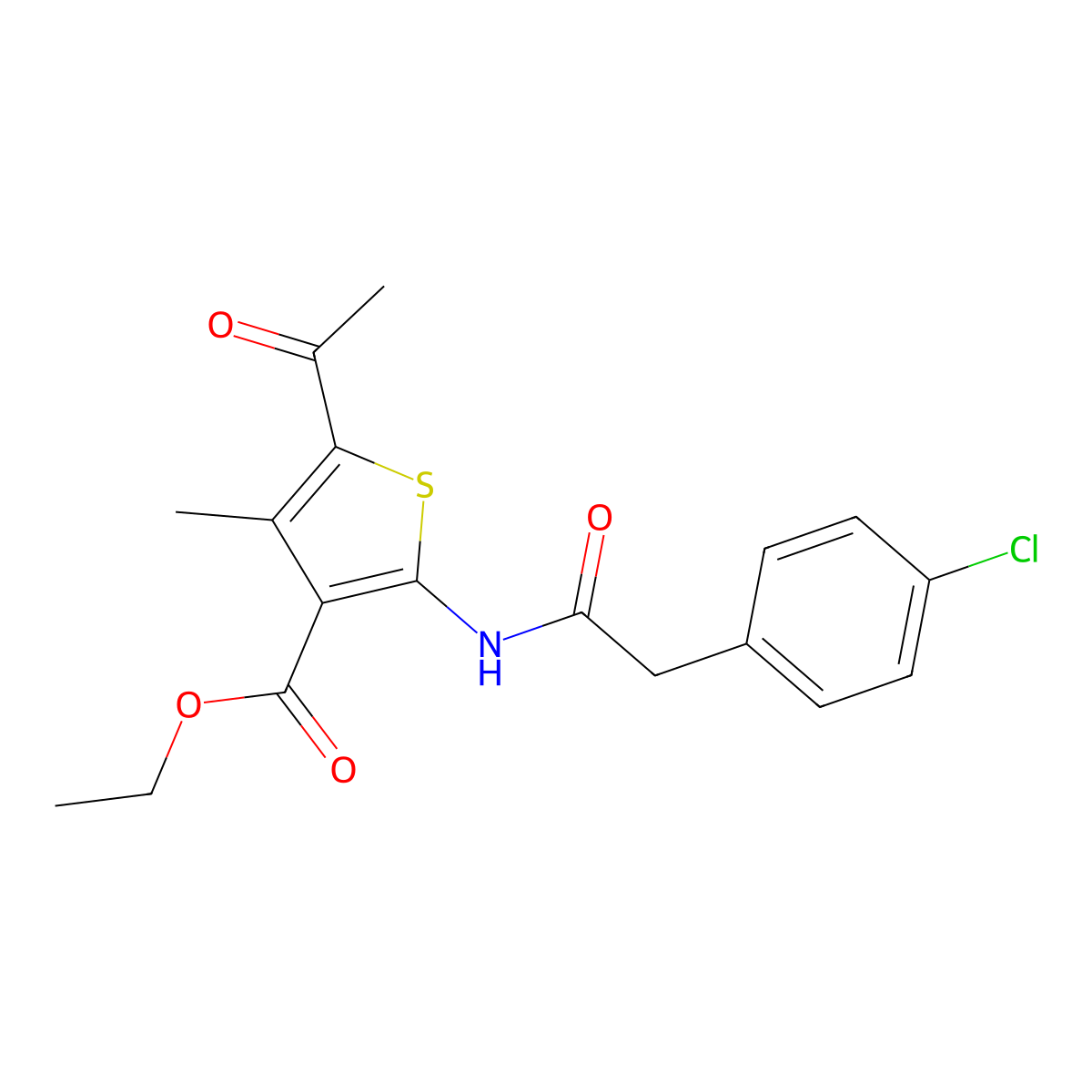 Ethyl 5-acetyl-2-{[(4-chlorophenyl)acetyl]amino}-4-methyl-3-thiophenecarboxylate molecular structure, CAS 448908-02-9