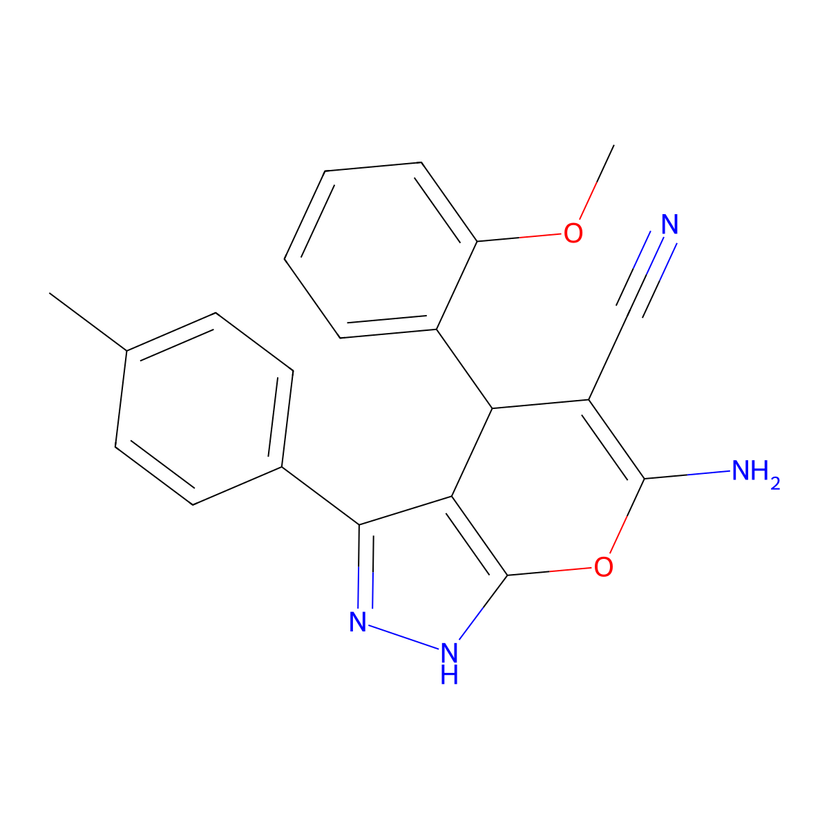 6-Amino-4-(2-methoxyphenyl)-3-(4-methylphenyl)-1,4-dihydropyrano[2,3-c]pyrazole-5-carbonitrile molecular structure, CAS 448908-26-7