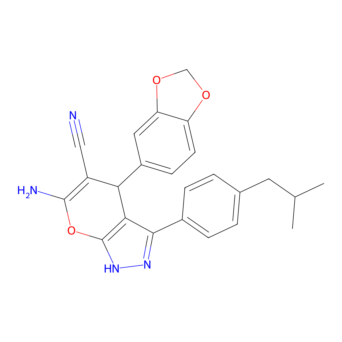 6-Amino-4-(1,3-benzodioxol-5-yl)-3-(4-isobutylphenyl)-1,4-dihydropyrano[2,3-c]pyrazole-5-carbonitrile molecular structure, CAS 448909-47-5