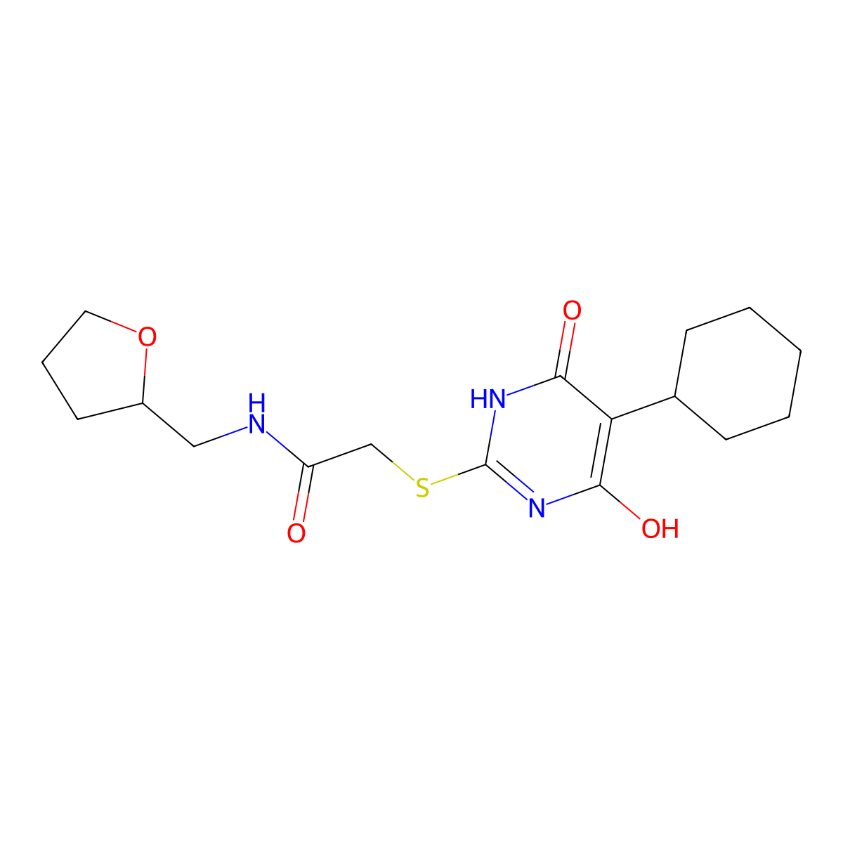 2-((5-cyclohexyl-4-hydroxy-6-oxo-1,6-dihydropyrimidin-2-yl)thio)-N-((tetrahydrofuran-2-yl)methyl)acetamide molecular structure, CAS 448913-65-3