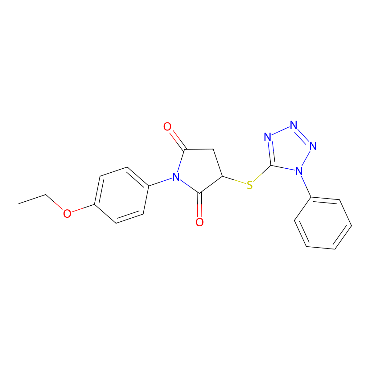 1-(4-ethoxyphenyl)-3-[(1-phenyl-1H-tetrazol-5-yl)sulfanyl]pyrrolidine-2,5-dione molecular structure, CAS 448914-48-5