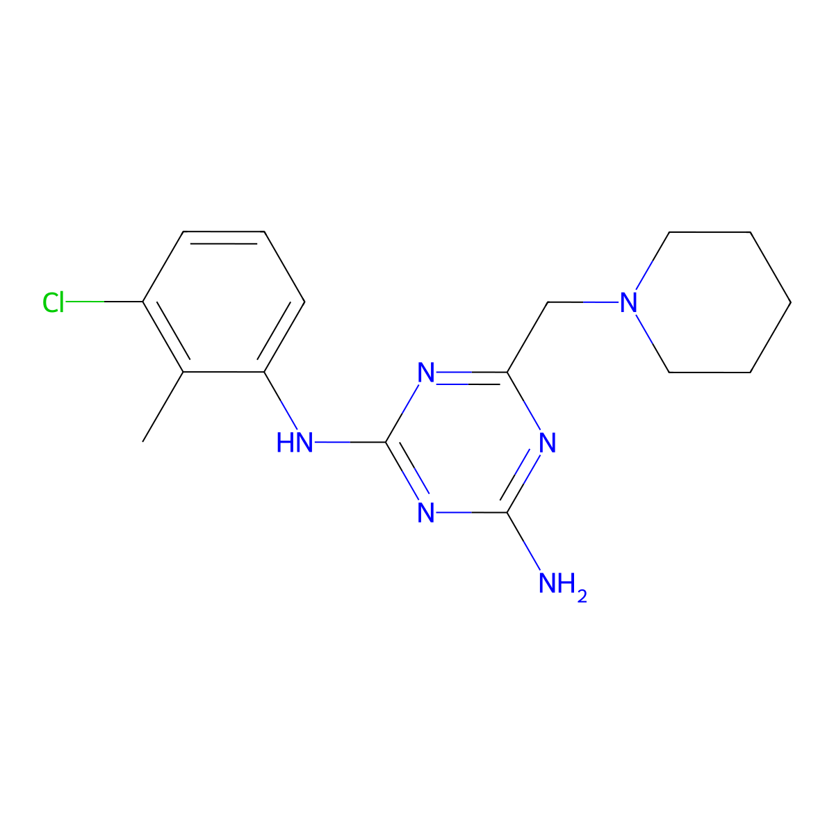 N-(3-chloro-2-methylphenyl)-6-(piperidin-1-ylmethyl)-1,3,5-triazine-2,4-diamine molecular structure, CAS 448914-84-9