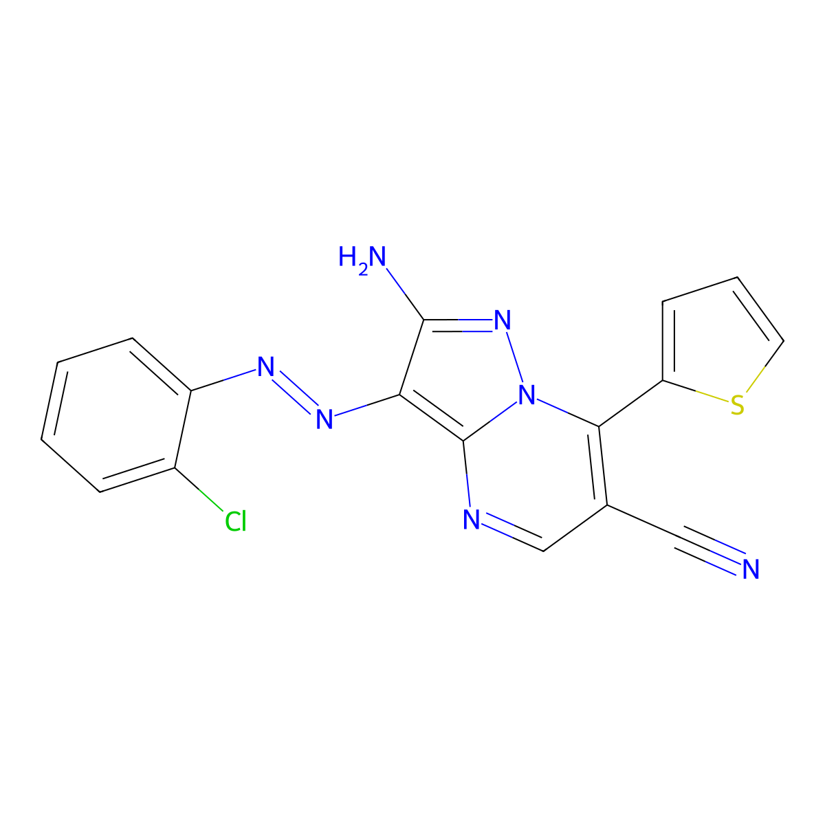 2-Amino-3-[(2-chlorophenyl)diazenyl]-7-(2-thienyl)pyrazolo[1,5-a]pyrimidine-6-carbonitrile molecular structure, CAS 448917-03-1
