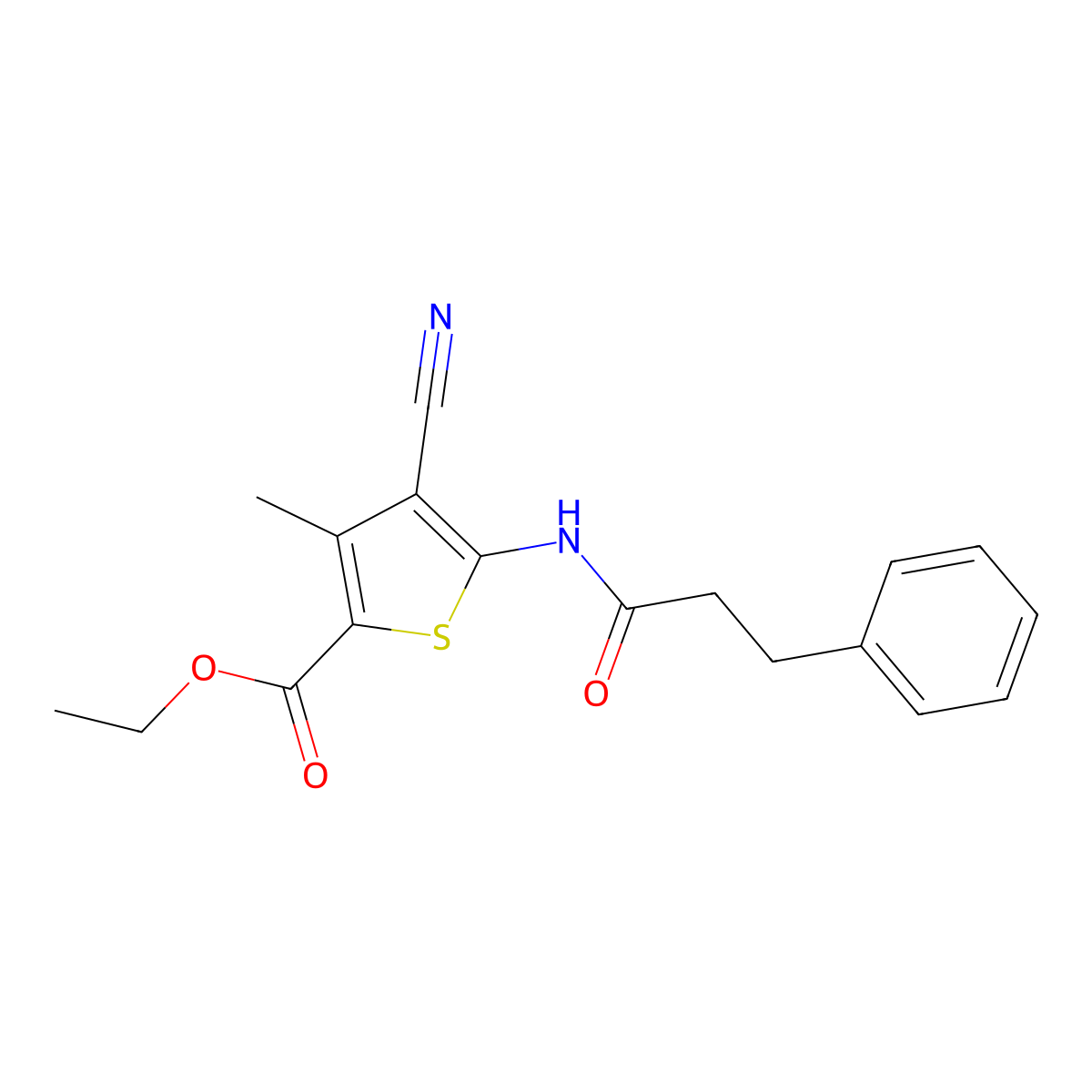 Ethyl 4-cyano-3-methyl-5-(3-phenylpropanamido)thiophene-2-carboxylate molecular structure, CAS 449177-13-3