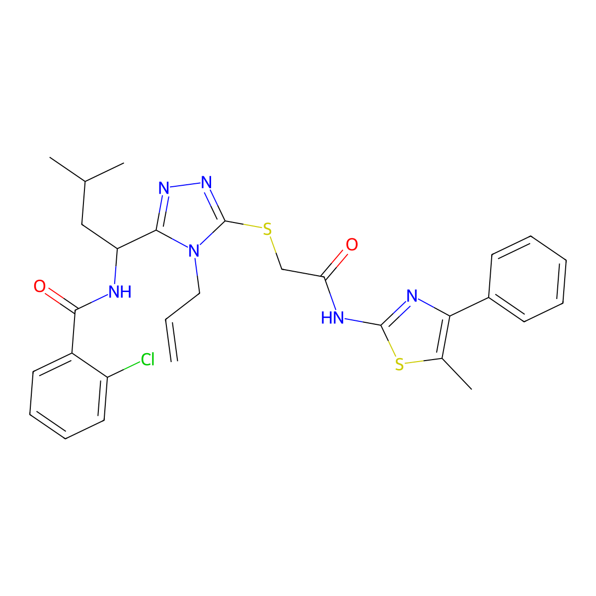2-chloro-N-[3-methyl-1-[5-[2-[(5-methyl-4-phenyl-1,3-thiazol-2-yl)amino]-2-oxoethyl]sulfanyl-4-prop-2-enyl-1,2,4-triazol-3-yl]butyl]benzamide molecular structure, CAS 4493-27-0