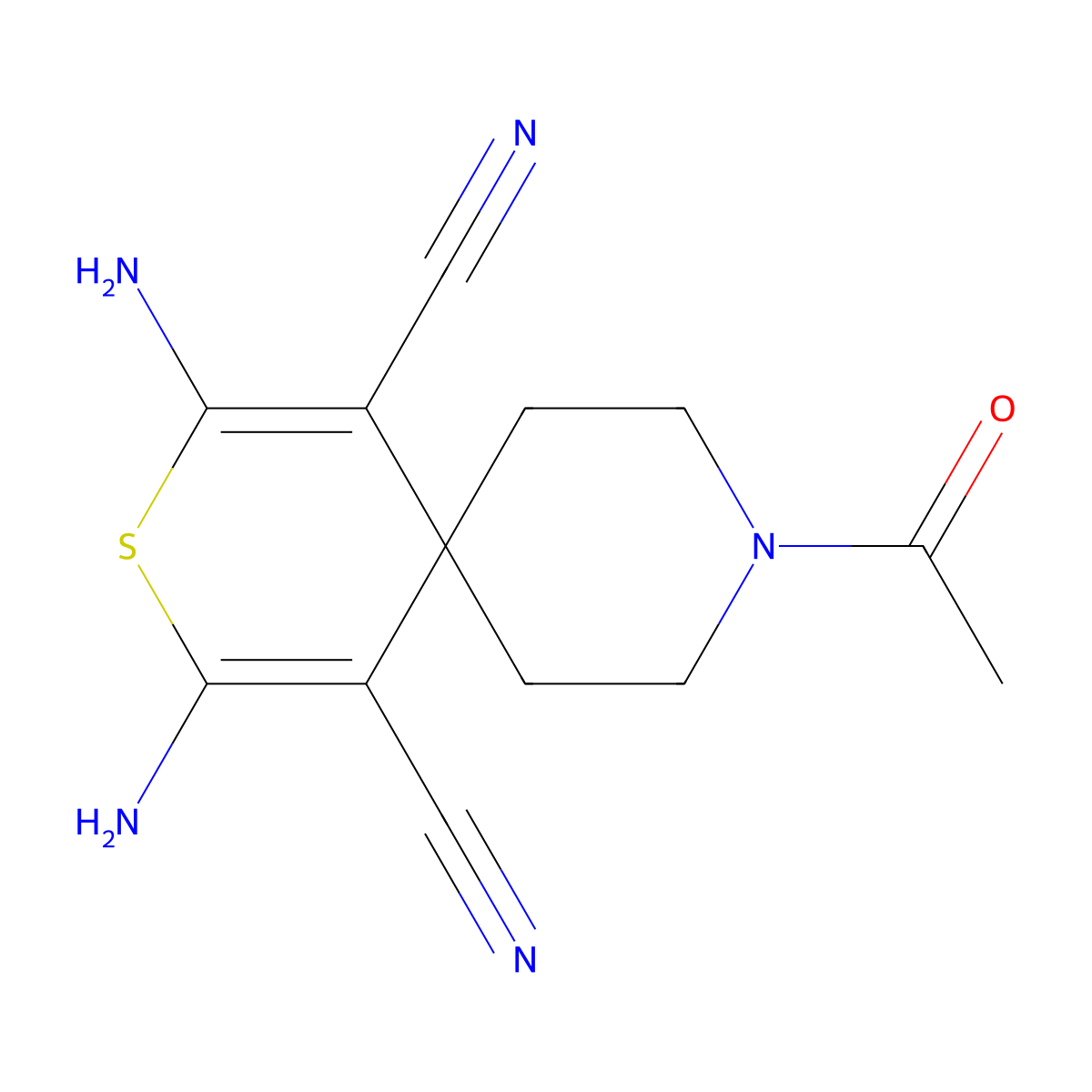 9-Acetyl-2,4-diamino-3-thia-9-azaspiro[5.5]undeca-1,4-diene-1,5-dicarbonitrile molecular structure, CAS 4495-70-9