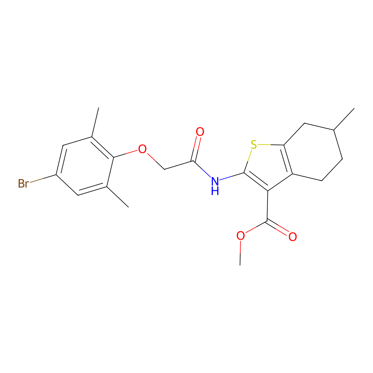 Methyl 2-(2-(4-bromo-2,6-dimethylphenoxy)acetamido)-6-methyl-4,5,6,7-tetrahydrobenzo[b]thiophene-3-carboxylate molecular structure, CAS 449749-78-4