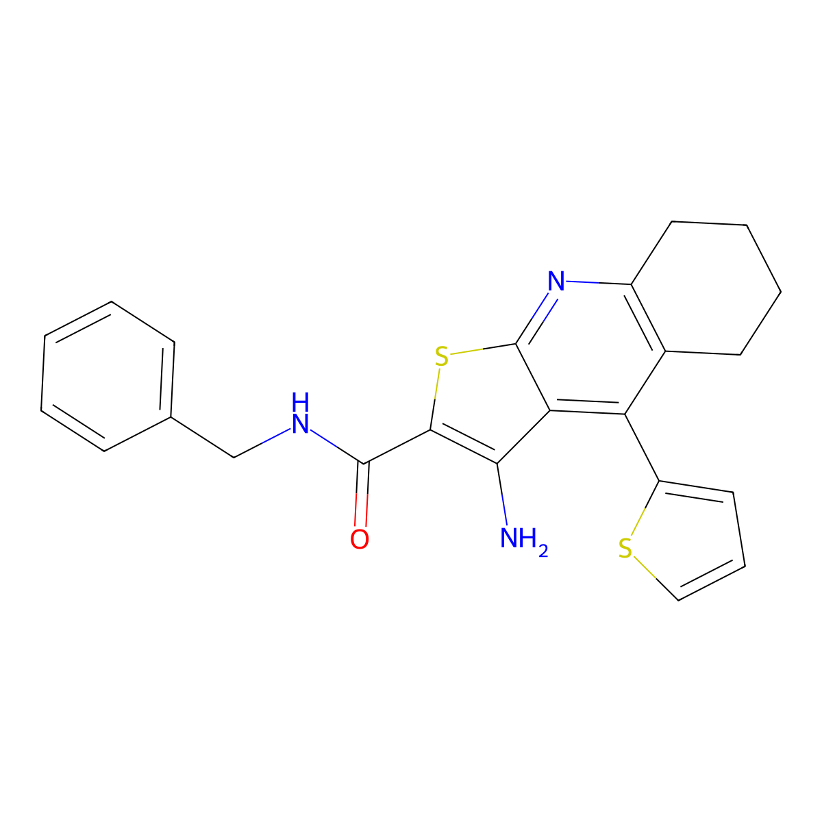 3-amino-N-benzyl-4-(thiophen-2-yl)-5,6,7,8-tetrahydrothieno[2,3-b]quinoline-2-carboxamide molecular structure, CAS 449764-78-7