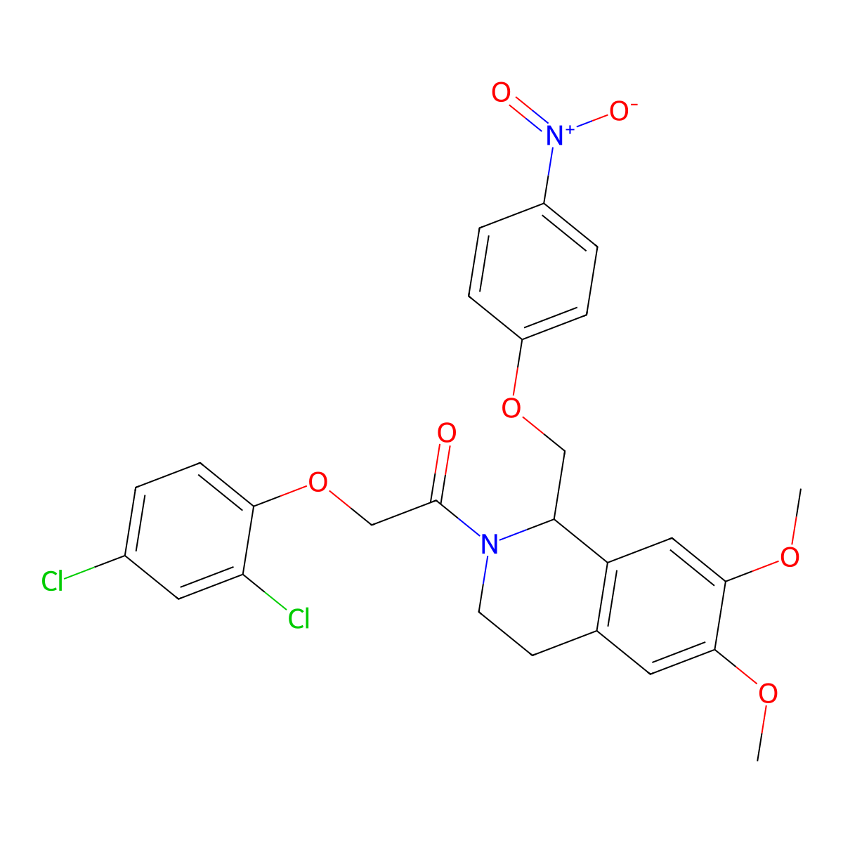 2-(2,4-dichlorophenoxy)-1-(6,7-dimethoxy-1-((4-nitrophenoxy)methyl)-3,4-dihydroisoquinolin-2(1H)-yl)ethanone molecular structure, CAS 449765-66-6