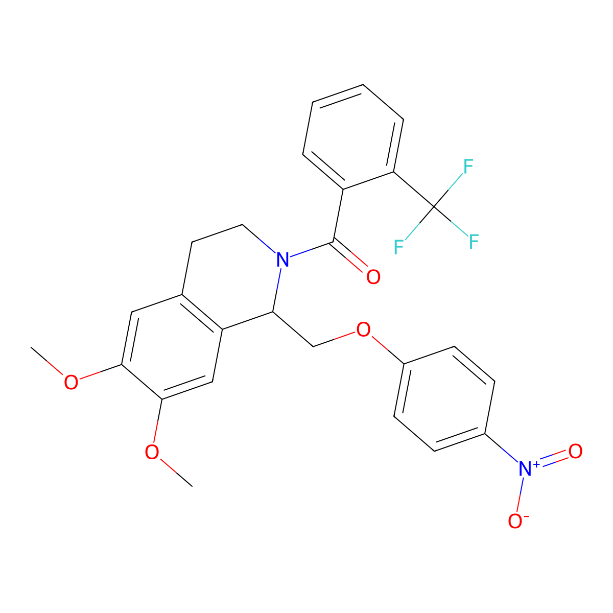 (6,7-dimethoxy-1-((4-nitrophenoxy)methyl)-3,4-dihydroisoquinolin-2(1H)-yl)(2-(trifluoromethyl)phenyl)methanone molecular structure, CAS 449766-05-6