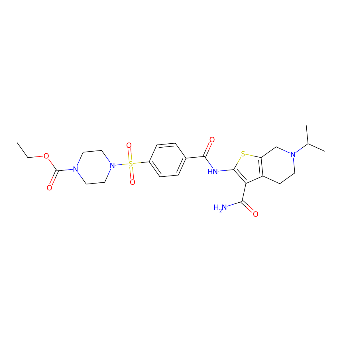 Ethyl 4-((4-((3-carbamoyl-6-isopropyl-4,5,6,7-tetrahydrothieno[2,3-c]pyridin-2-yl)carbamoyl)phenyl)sulfonyl)piperazine-1-carboxylate molecular structure, CAS 449768-73-4