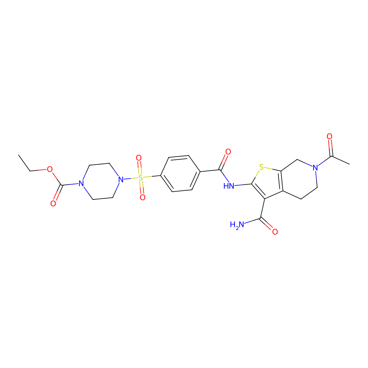 ethyl 4-[4-[(6-acetyl-3-carbamoyl-5,7-dihydro-4H-thieno[2,3-c]pyridin-2-yl)carbamoyl]phenyl]sulfonylpiperazine-1-carboxylate molecular structure, CAS 449770-07-4