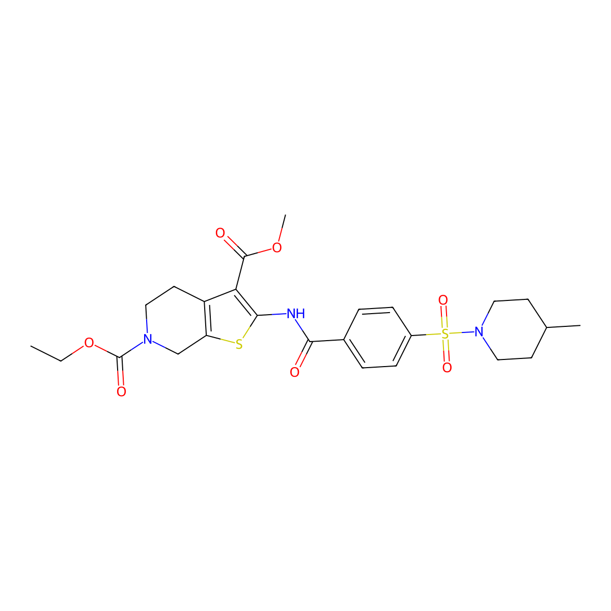6-O-ethyl 3-O-methyl 2-[[4-(4-methylpiperidin-1-yl)sulfonylbenzoyl]amino]-5,7-dihydro-4H-thieno[2,3-c]pyridine-3,6-dicarboxylate molecular structure, CAS 449770-75-6
