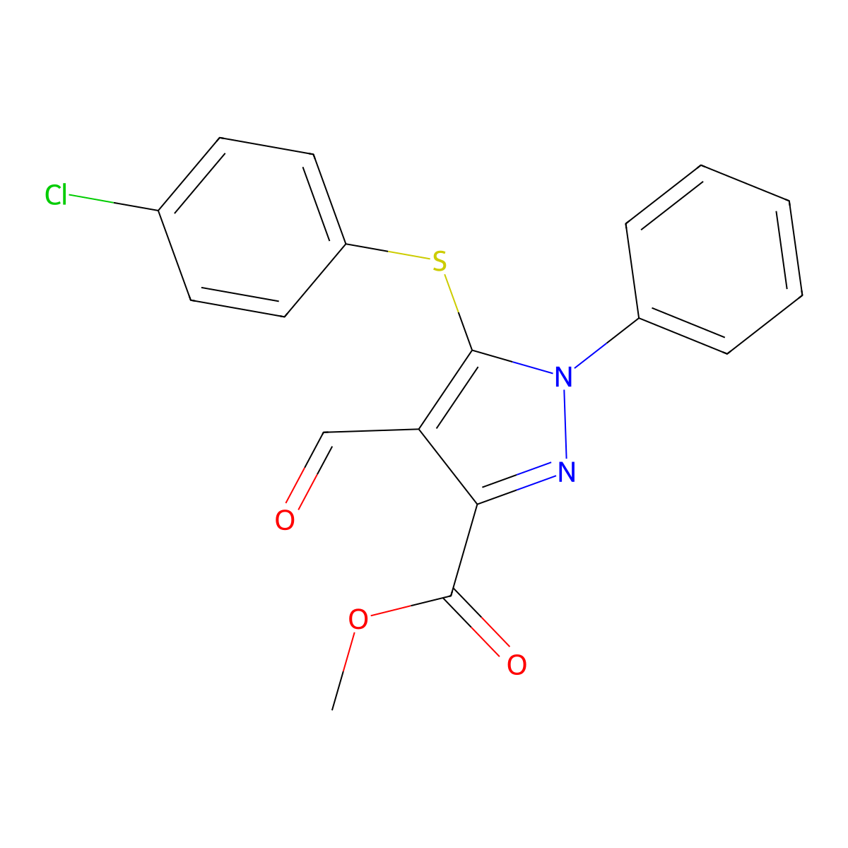 methyl 5-[(4-chlorophenyl)sulfanyl]-4-formyl-1-phenyl-1H-pyrazole-3-carboxylate molecular structure, CAS 449778-53-4