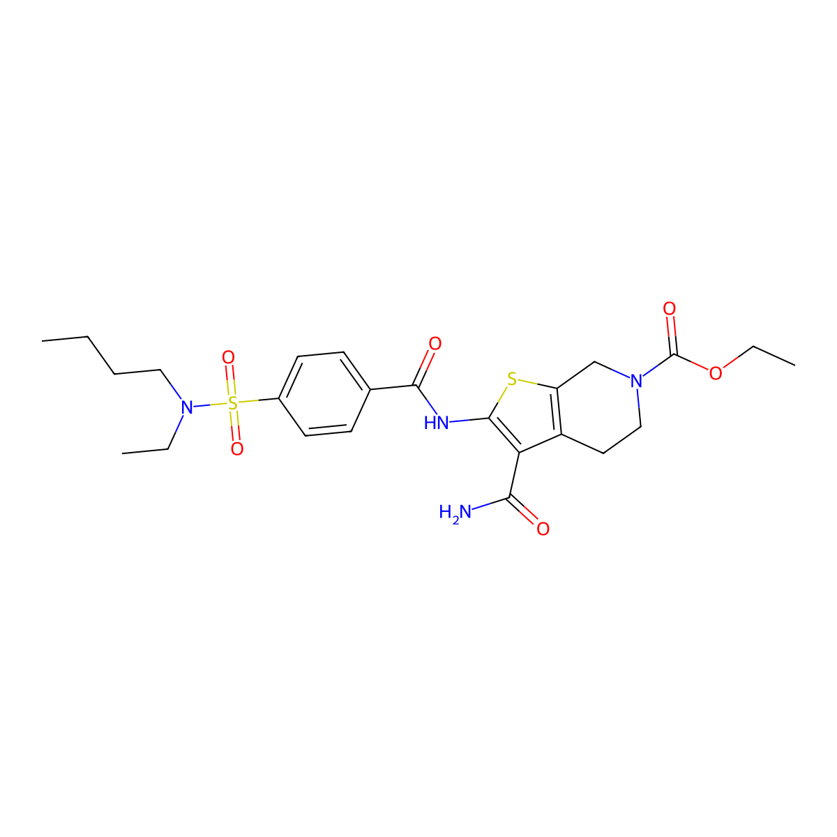 ethyl 2-[[4-[butyl(ethyl)sulfamoyl]benzoyl]amino]-3-carbamoyl-5,7-dihydro-4H-thieno[2,3-c]pyridine-6-carboxylate molecular structure, CAS 449782-01-8